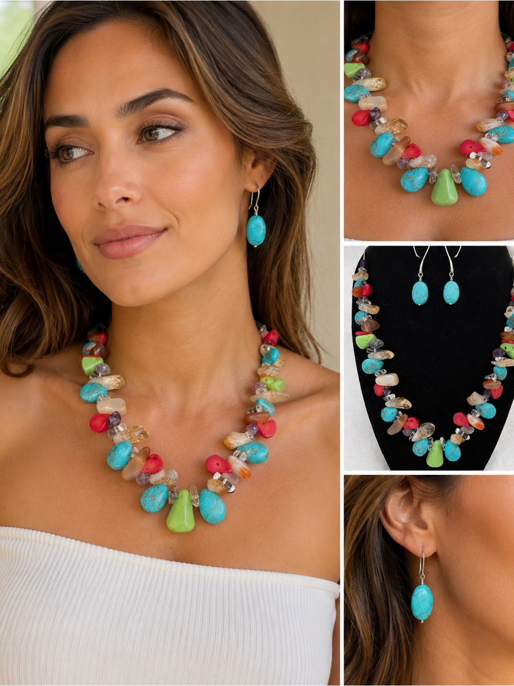Turquoise & Multi-Stone Statement Necklace with Matching Earrings